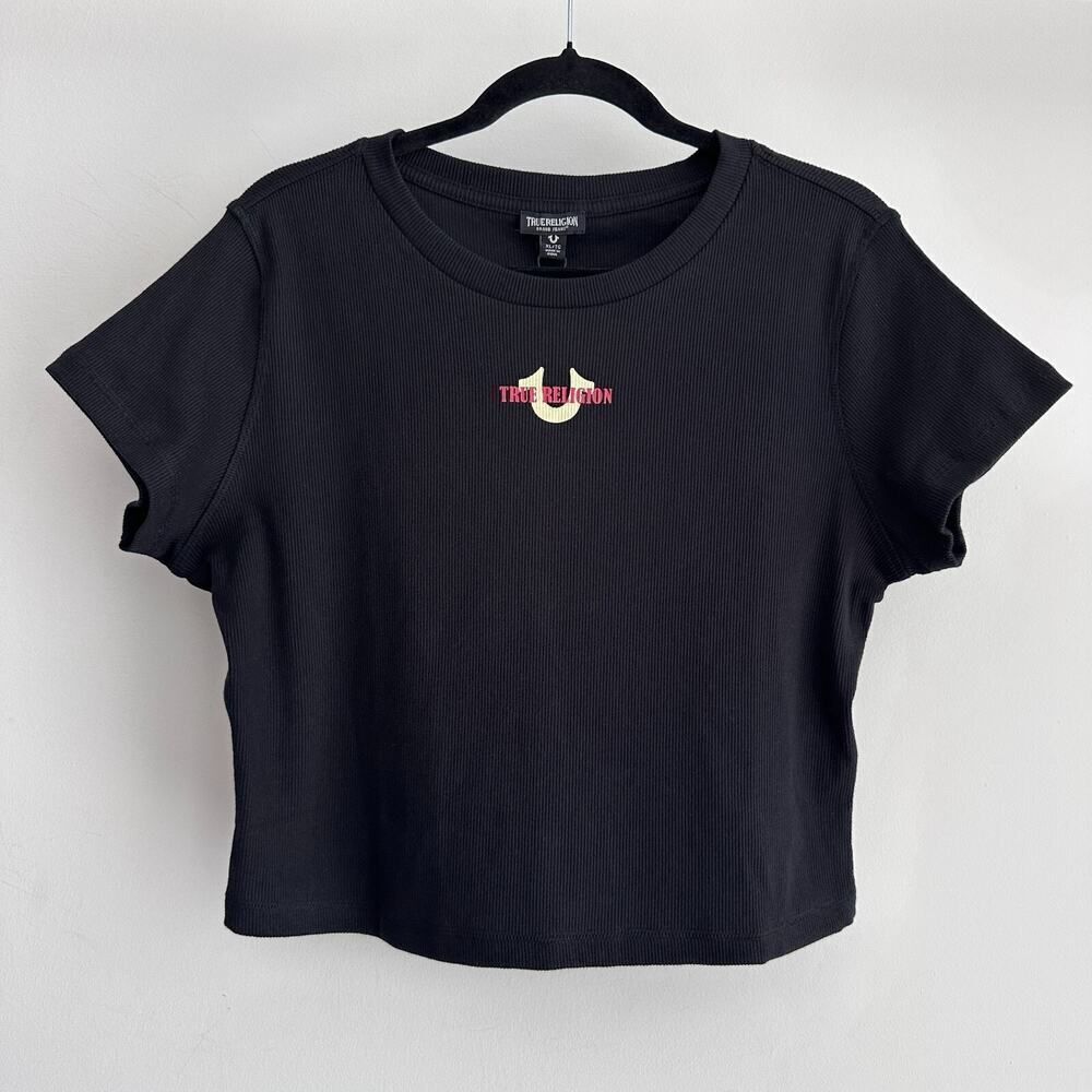 True Religion Baby Tee Womens XL Black Crop Top Rib Logo Y2K Streetwear Baddie